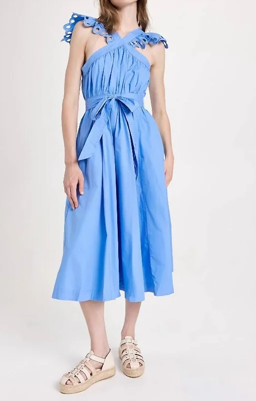 Great Deals On Ethnic Cultural Wear Blakely Ruffle Eyelet Belted Midi Dress In Blue