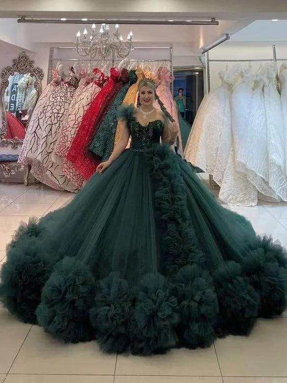 Casual Weekend Relaxed Style Luxurious Green Tulle Ball Gown,Sweet 16 Dress Y6576