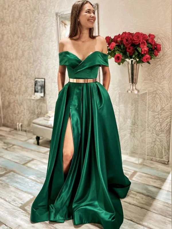 Art Deco Geometric Pattern Look Off Shoulder Green Satin Long Prom Dresses with High Slit, Green Formal Graduation Evening Dresses with Belt SP2110