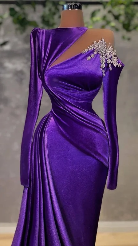 Save On Classic Elegant Styles Glamorous Purple Velvet Evening Dress With Long Sleeves,Classy Purple Velvet Evening Gown Y729