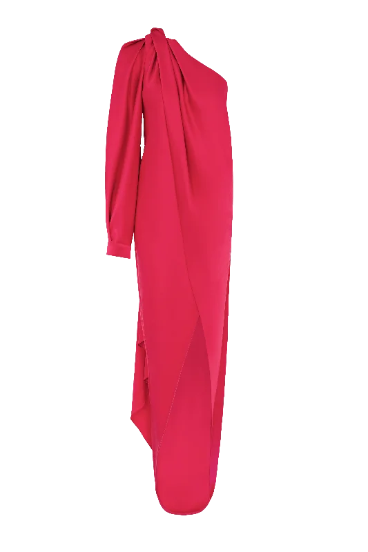 Flash Discount Geranium Silk Draped One Shoulder Dress
