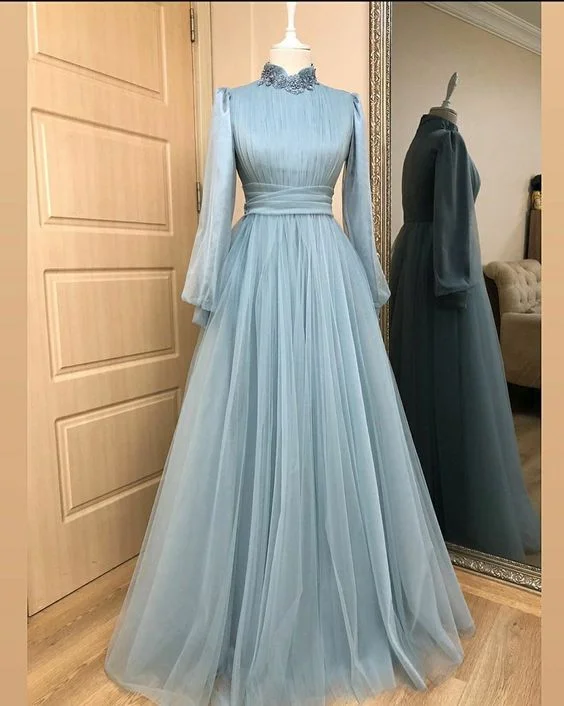 Clearance Event Formal Gown Arab Dubai Muslim Long Sleeves High Waist Prom Dress Y6971