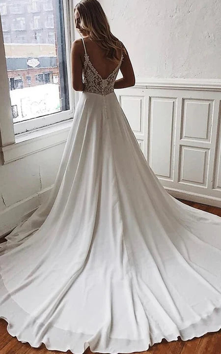 Cottagecore Rustic Charm Style Spaghetti Plunged Sexy Empire Sleeveless Chiffon A-line Wedding Dress