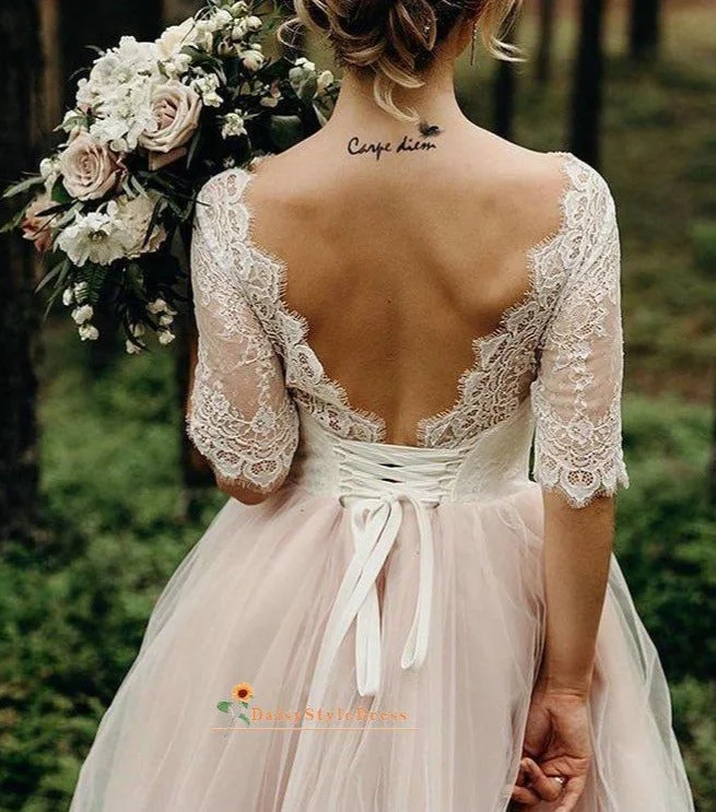 Coastal Beach - Inspired Style Simple Half Sleeve Blush Pink Wedding Dress