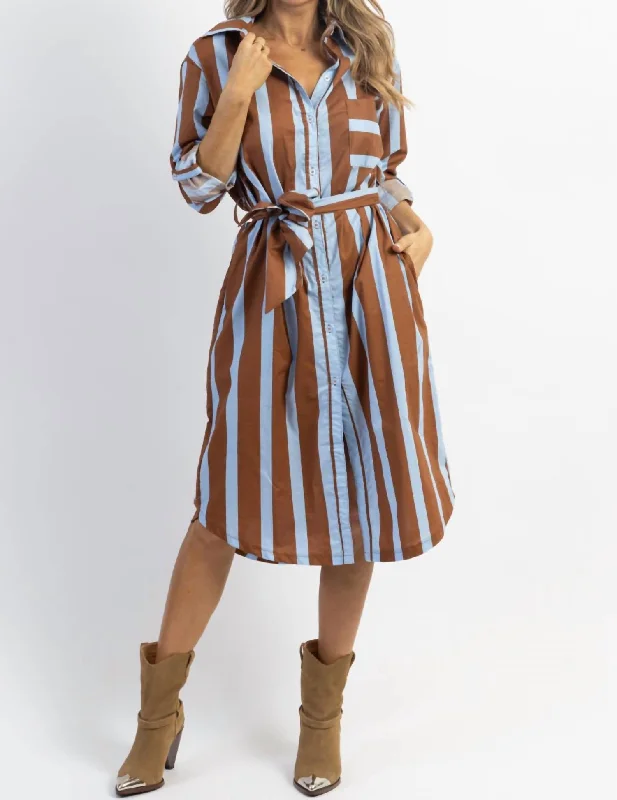 Day-To-Night Styles Monica Bold Stripe Midi Dress In Blue/brown