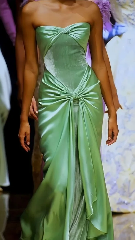 Grab Romantic Date - Night Styles Now Elegant Green Strapless Sheath Velvet Satin Long Formal Party Dress MD7716