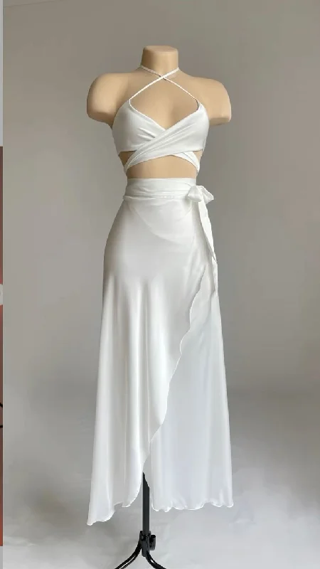 Seasonal Sale White Halter Cross Neck A-Line Satin Long Party Dress, MD7887