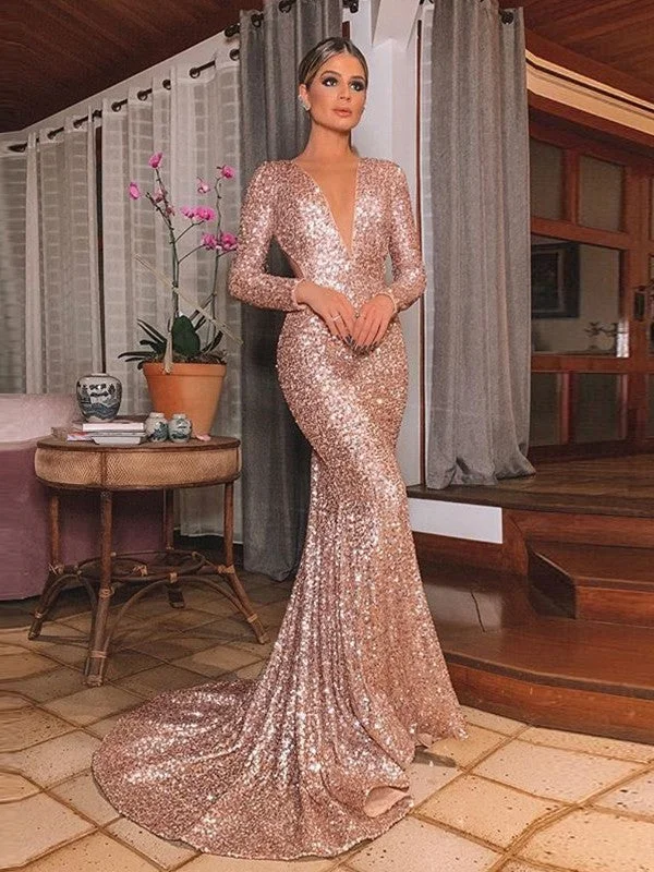 Final Clearance Trumpet/Mermaid Sequins Long Sleeves V-neck Court Train Ruffles Dresses