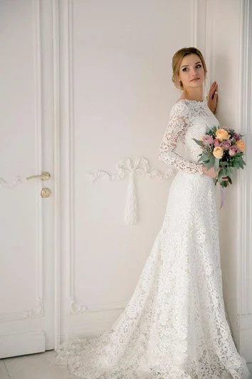 Season Sale Lace Bateau Mermaid Elegant Wedding Dress With V-back