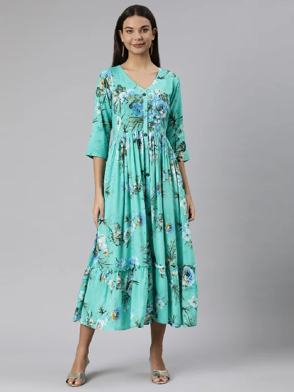 Spring Fashion Neeru's Sea Green Straight Casual Floral Dresses