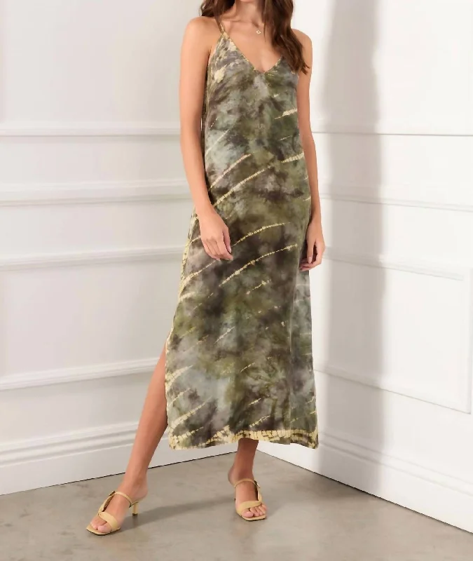 Winter Warm - Up Sale Side Slit Midi Dress In Olive/cream Camo