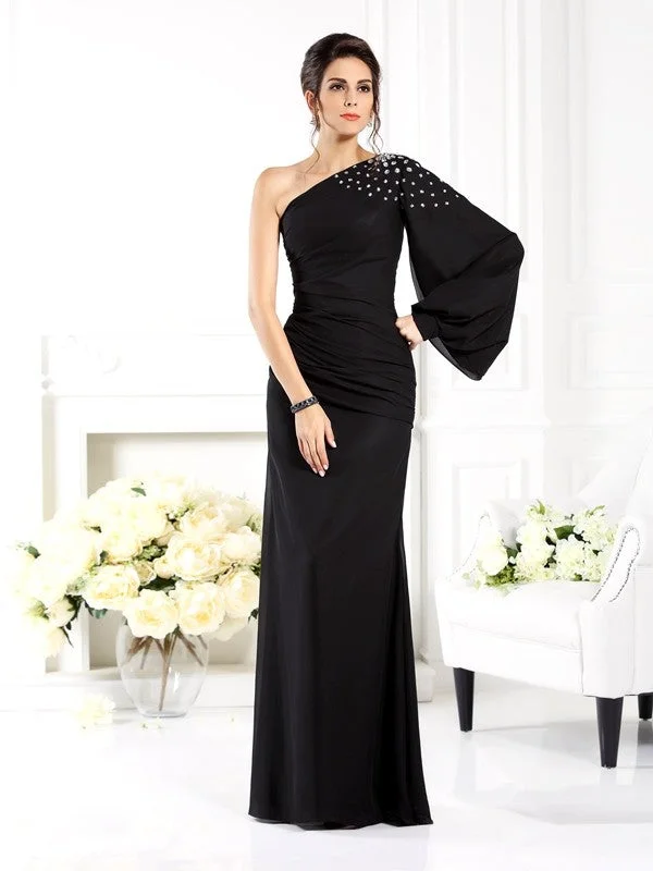 Seasonal Sale Sheath/Column One-Shoulder Beading Long Sleeves Long Chiffon Mother of the Bride Dresses