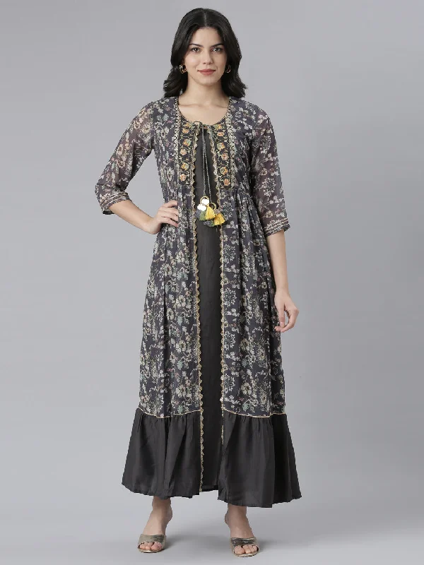 Big Savings Neeru's Grey Straight Casual Floral Dresses