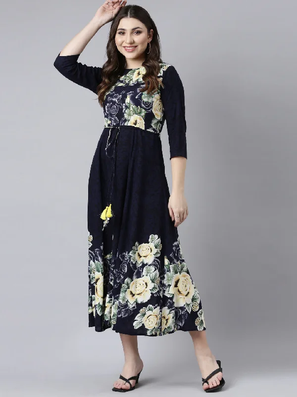 Casual Weekend Relaxed Style Neerus Navy Blue Straight Casual Floral Maxi Dresses