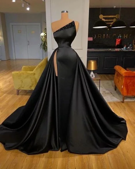 Flash Deals Black Satin Long Prom Dresses,long Formal Dresses M5557