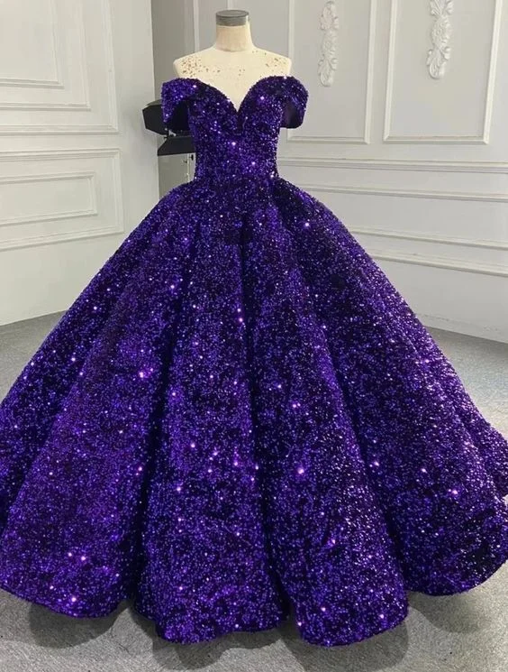 Trend Alert Sparkly Purple Off The Shoulder Sequins Ball Gown,Purple Sweet 16 Dress Y6583