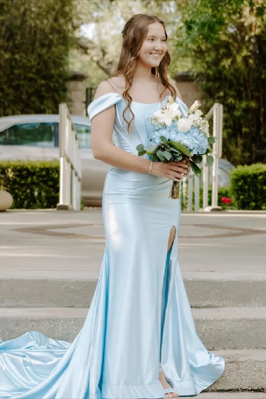 Clearance Event Off the Shoulder Light Blue Satin Mermaid Prom Dress