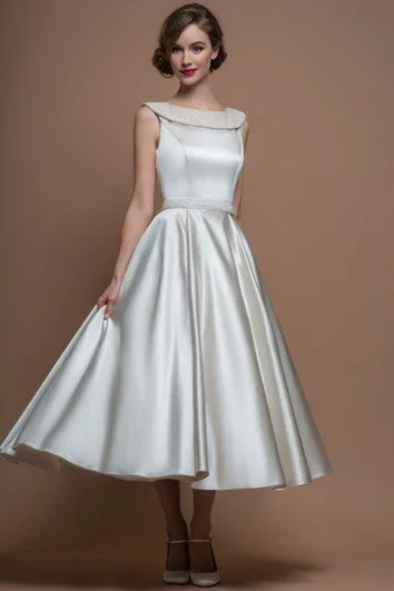 Huge Savings On Parisian Styles A-Line Scoop-Neck Tea-Length Satin Wedding Dress With Beading And V Back