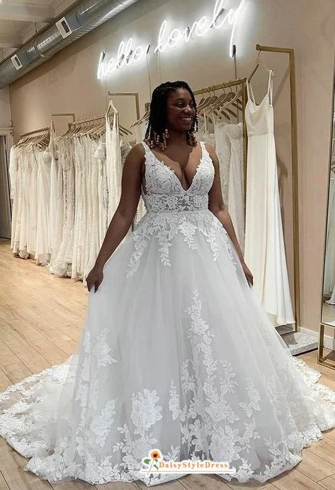 Coastal Beach - Inspired Style V-neckline Illusion Plus Size Wedding Dress