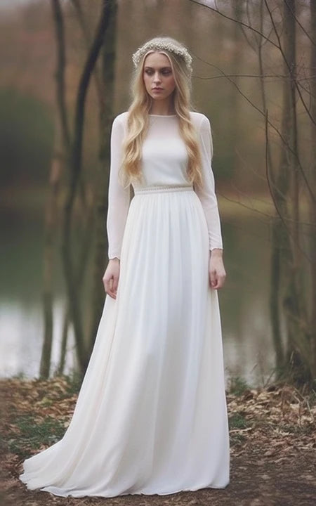 Spring Fashion Simple Bateau-neck Long Sleeve Chiffon Empire Wedding Dress