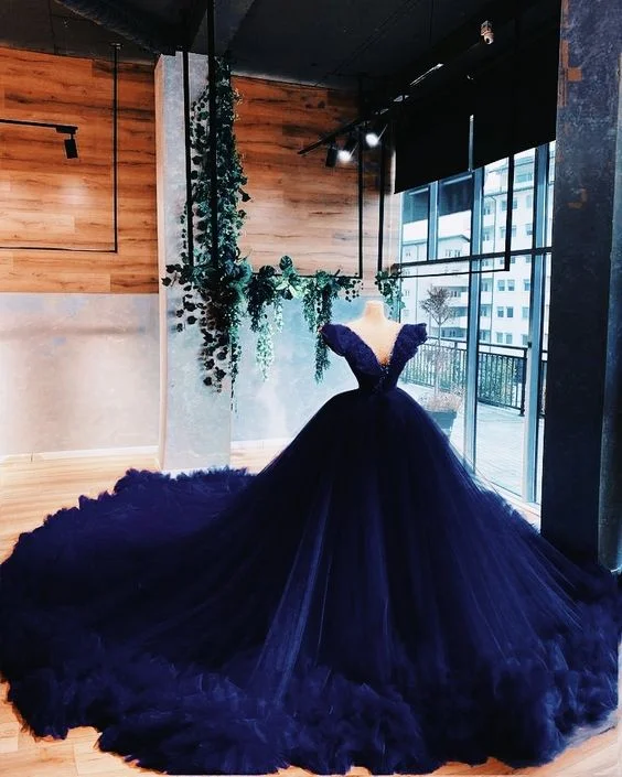 Boho - Chic Festival - Ready Style Charming Navy Blue V Neck Ball Gown Sweet 16 Dress Y6562