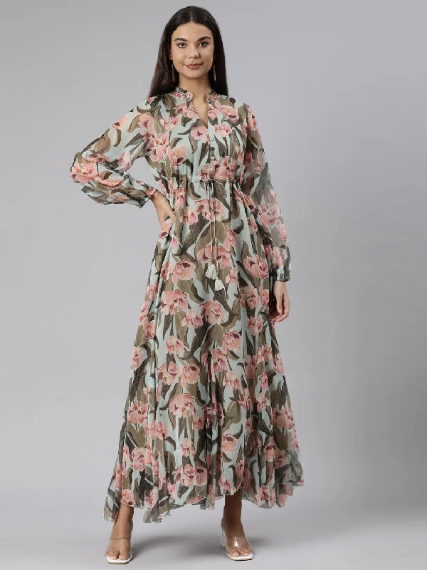 Beat The Heat In Tropical Styles Neeru's Sea Green Flared Casual Floral Dresses