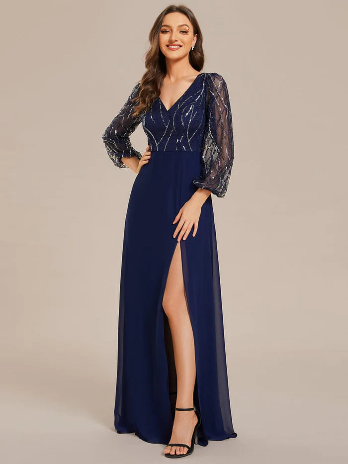 Casual Weekend Relaxed Style Sequin Long Sleeves A-Line V-Neck Floor-Length Evening Dress