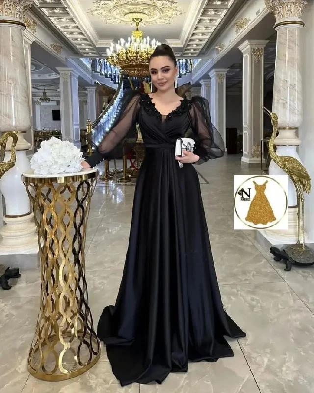 Buy More, Save More Elegant Long Sleeves V-neck Black Tulle A-line Evening Prom Dress      S6757