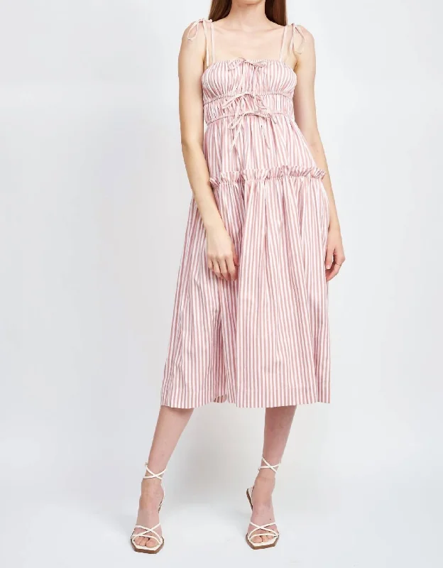 Rustic Countryside Charm Look Reagan Striped Midi Dress In Pink Stripe