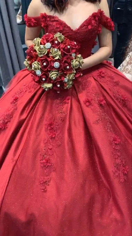 Update With Cottagecore Styles Red Off The Shoulder Ball Gown With Appliques Sweet 16 Dress  Y6454