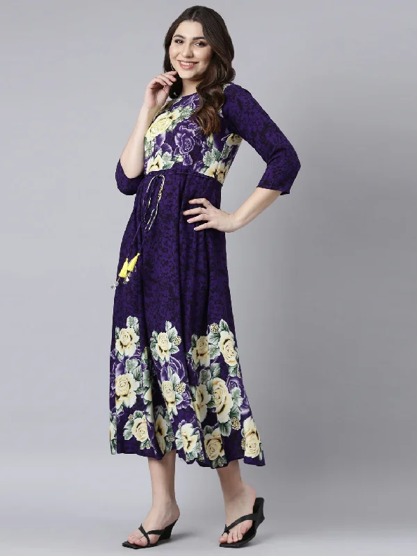 Grab Romantic Date - Night Styles Now Neerus Purple Straight Casual Floral Maxi Dresses