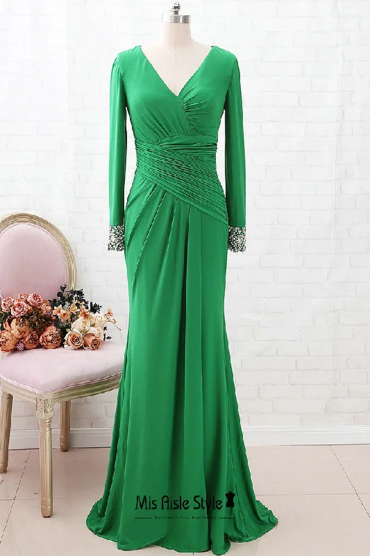 Rustic Countryside Charm Look Fit and Flare Long Sleeve Green Evening Dress