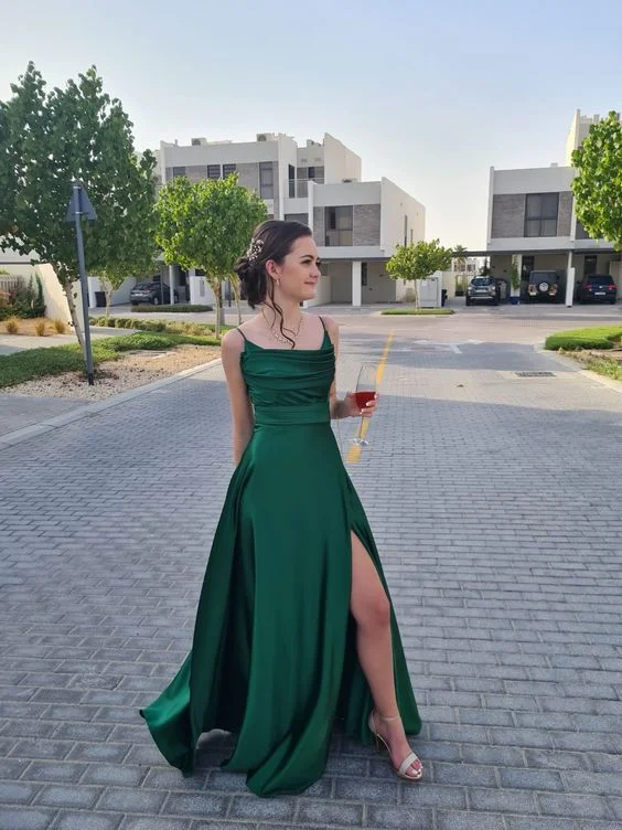 Spring Fashion Green A line Prom Dresses Long Side Slit,Green Senior Prom Gown Y6304