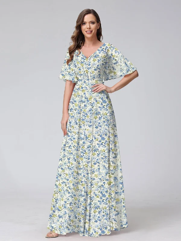 Coastal Beach - Inspired Style A-Line/Princess V-Neck Short Sleeves Pleats Floral Bridesmaid Dresses