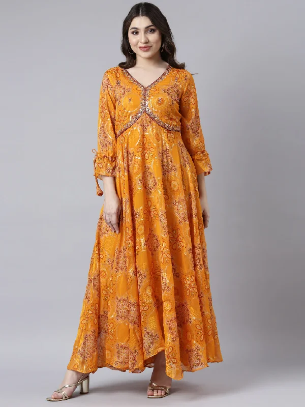 Score Big On Glamorous Red - Carpet Styles Neerus Mustard Flared Casual Floral Fit and Flare Dresses