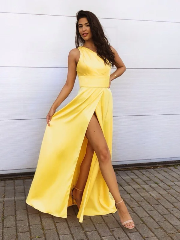 Parisian Effortless Chic Style One Shoulder Yellow Satin Long Prom Dresses with High Slit, One Shoulder Yellow Formal Dresses, Yellow Evening Dresses