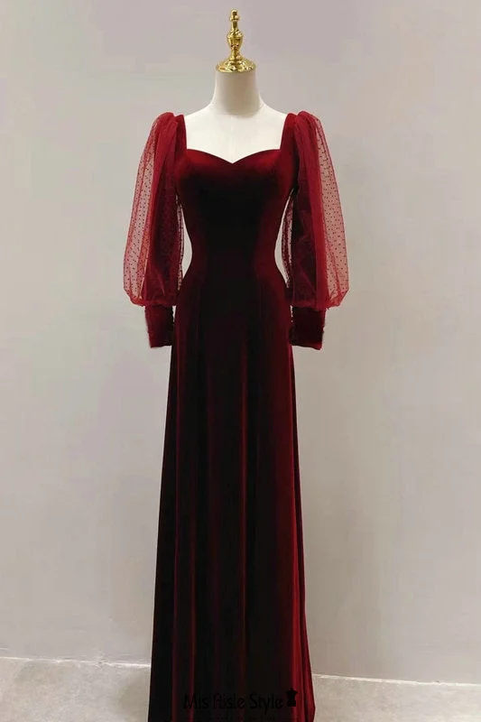 Art Deco Geometric Pattern Look Fit and Flare Long Sleeve Deep Red Velvet Party Dress