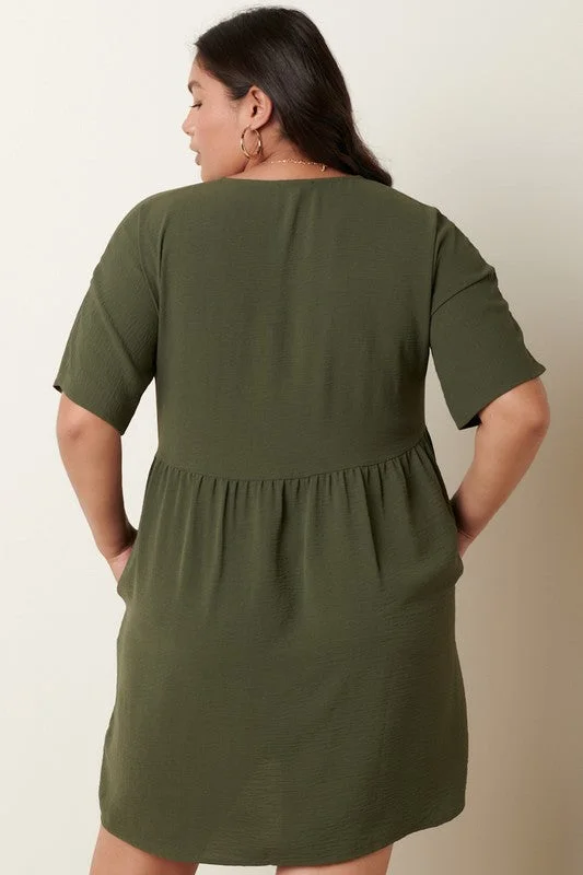 Formal Outfit For Women Plus Size Airflow Woven Fabric V-Neck Dress in Army Green