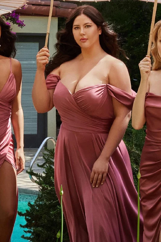 Clothes Of Woman Cinderella Divine 7493C Plus Size Long Off Shoulder Dress Mauve Rose