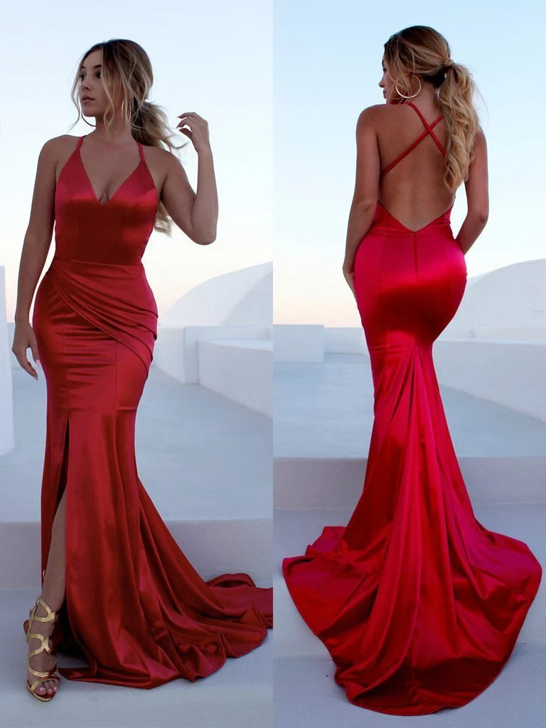 Buy More, Save More DingJiDress Sexy Prom Dresses Long Evening Dresses Mermaid Satin Deep V Neck