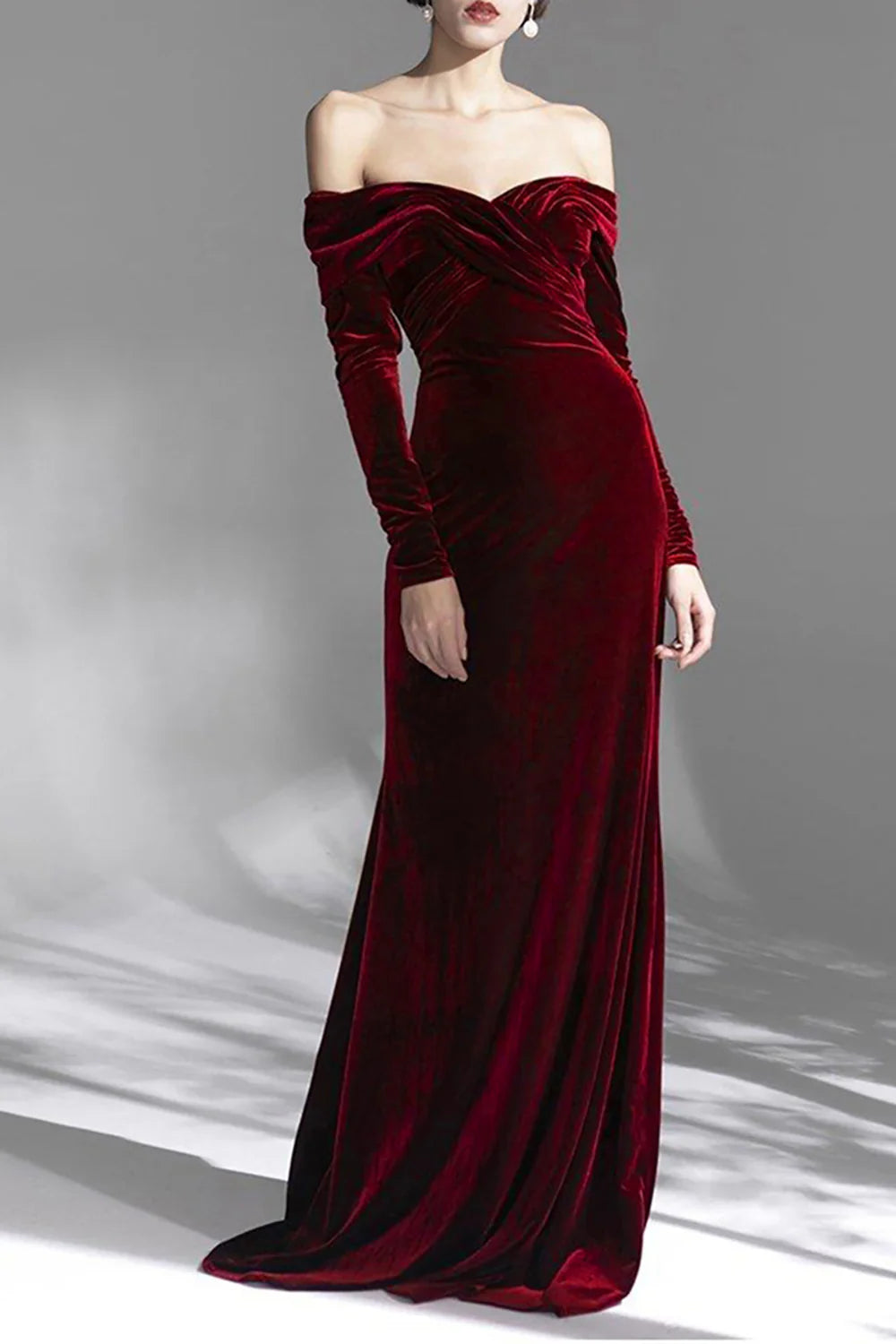 Limited Time Deal Amzcw Burgundy Velvet Off the Shoulder Long Sleeves Floor Length Evening Dress