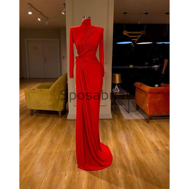 Early Access To Art Deco Styles Sale Red Mermaid Tight Slit Long Sleeves Simple Modest Prom Dresses PD2085