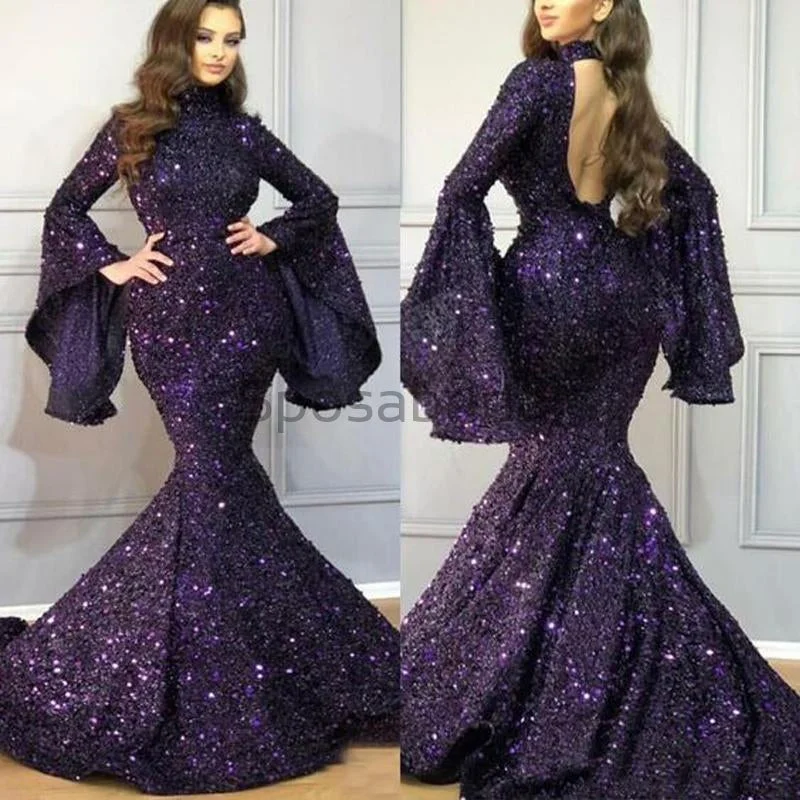 Tropical Island - Inspired Attire Sparkly Sequin Mermaid Long Sleeves High Neck Formal Cheap Modest Long Prom Dresses PD1666