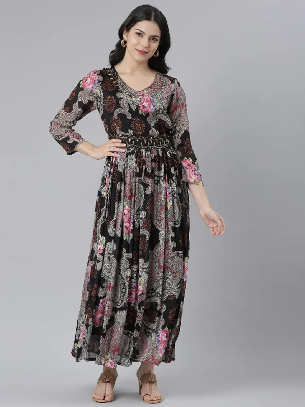 Last Chance Sale Neeru's Black Flared Casual Floral Dresses