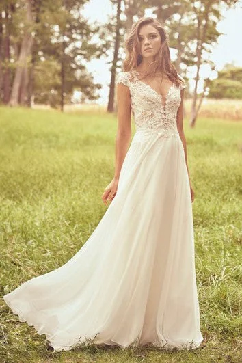 Flash Sale Appliqued Cap Sleeve Illusion Plunging Neckline And Illusion Back Lace Chiffon Wedding Dress