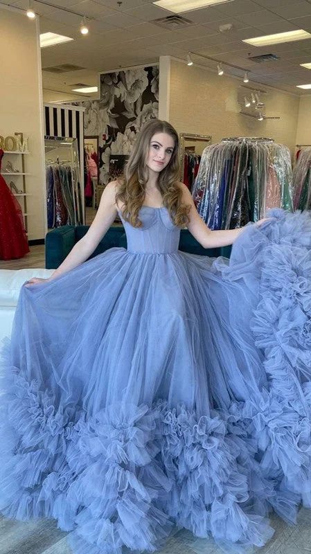 Hollywood Glam Award - Show Style Charming Blue Strapless Tulle Evening Dress With Bottom Ruffles,Generous Blue Evening Gown  Y812