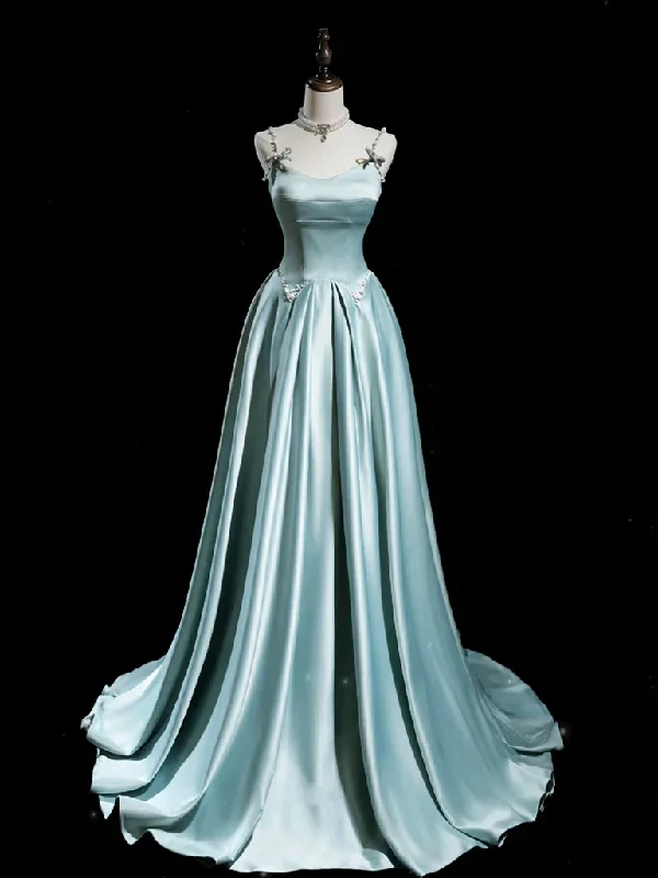 Great Deals On Ethnic Cultural Wear Light Blue Spaghetti Straps A-Line Satin Long Formal Party Dress MD7431