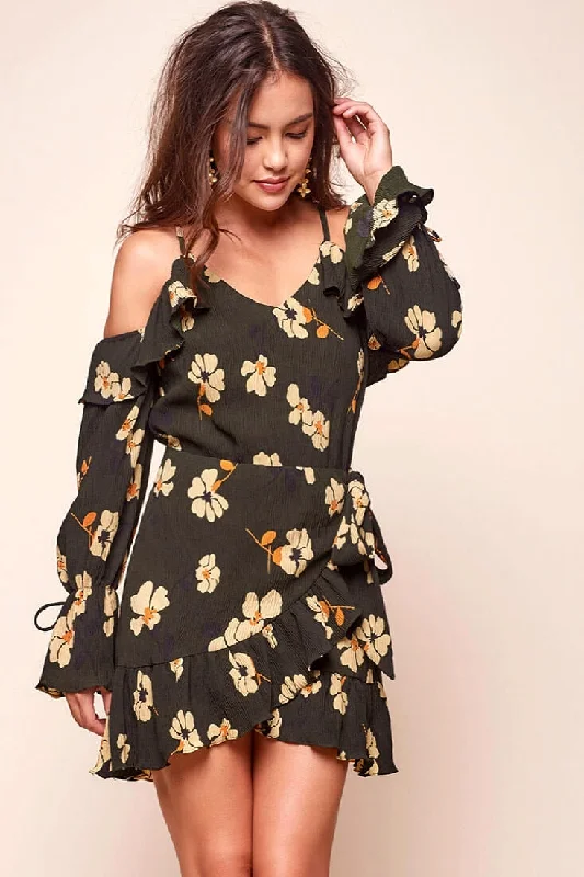 Great Deals On Ethnic Cultural Wear Carly Off the Shoulder Floral Wrap Dress Green