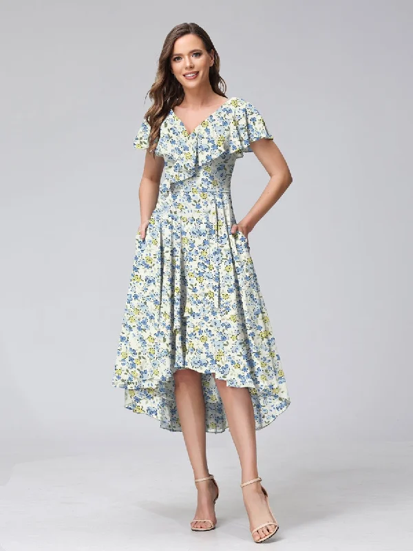 Parisian Effortless Chic Style A-Line/Princess V-Neck Short Sleeves Ruffles Floral Bridesmaid Dresses