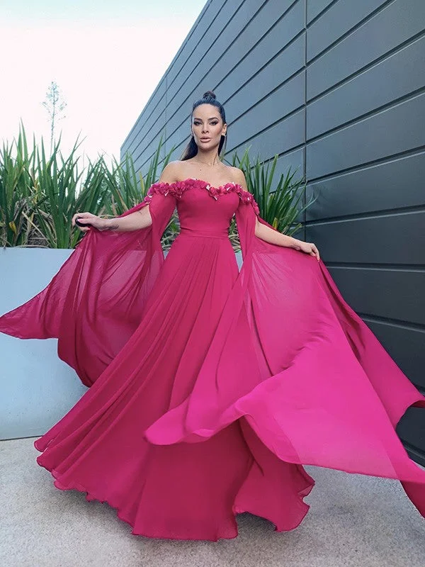 Limited Quantities A-Line/Princess Chiffon Floor-Length Long Sleeves Ruffles Off-the-Shoulder Dresses